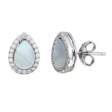 Sterling Silver Rhodium Plated Teardrop Shaped Opal Stud Earrings With Clear CZ Stones
