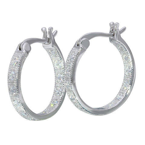 Sterling Silver Rhodium Plated Round Inner And Outer Clear CZ Hoop Earrings