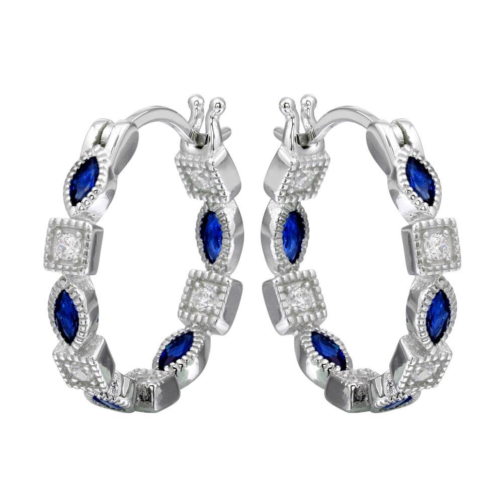 Sterling Silver Rhodium Plated Inner And Outer Blue Clear CZ Hoop Earrings