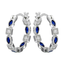 Load image into Gallery viewer, Sterling Silver Rhodium Plated Inner And Outer Blue Clear CZ Hoop Earrings