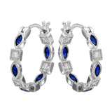 Sterling Silver Rhodium Plated Inner And Outer Blue Clear CZ Hoop Earrings