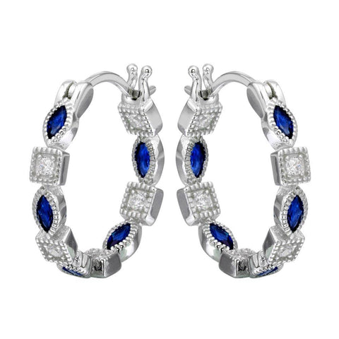 Sterling Silver Rhodium Plated Inner And Outer Blue Clear CZ Hoop Earrings