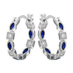 Sterling Silver Rhodium Plated Inner And Outer Blue Clear CZ Hoop Earrings