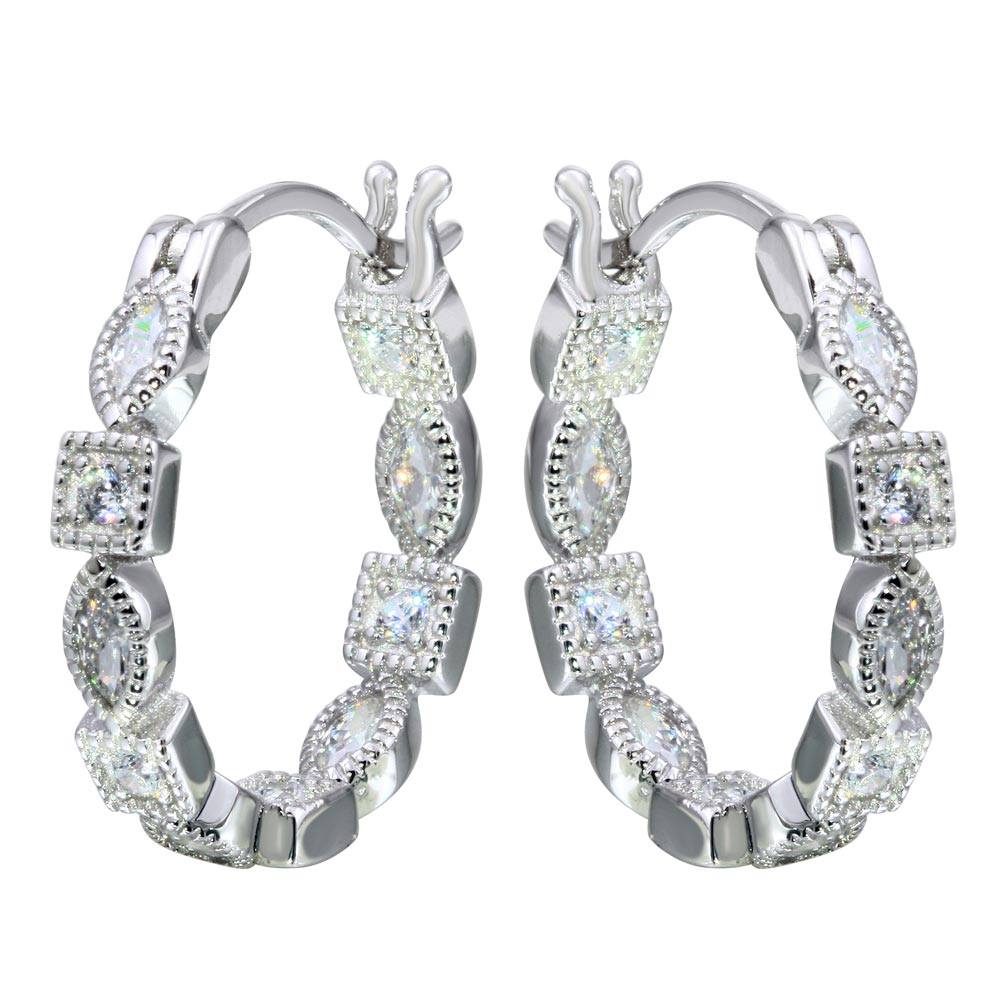 Sterling Silver Rhodium Plated Inner And Outer Clear CZ Hoop Earrings
