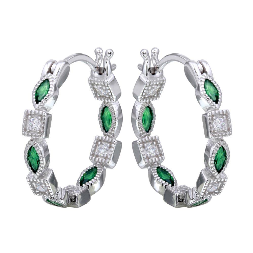 Sterling Silver Rhodium Plated Inner And Outer Green Clear CZ Hoop Earrings