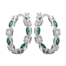Load image into Gallery viewer, Sterling Silver Rhodium Plated Inner And Outer Green Clear CZ Hoop Earrings