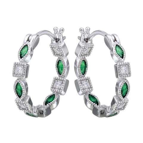 Sterling Silver Rhodium Plated Inner And Outer Green Clear CZ Hoop Earrings