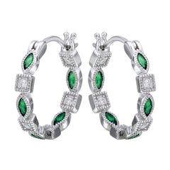 Sterling Silver Rhodium Plated Inner And Outer Green Clear CZ Hoop Earrings