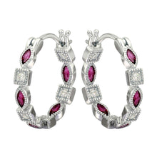 Load image into Gallery viewer, Sterling Silver Rhodium Plated Inner And Outer Red Clear CZ Hoop Earrings