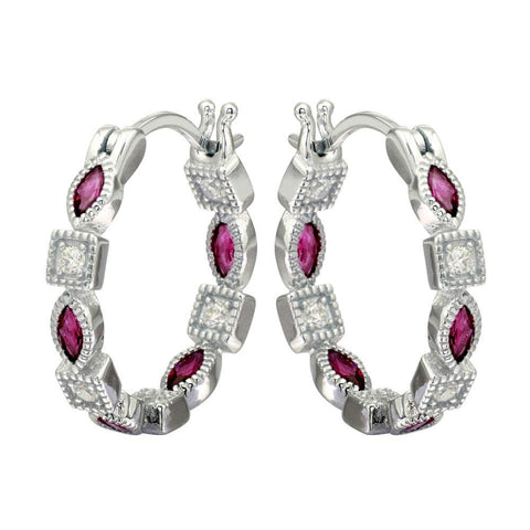 Sterling Silver Rhodium Plated Inner And Outer Red Clear CZ Hoop Earrings