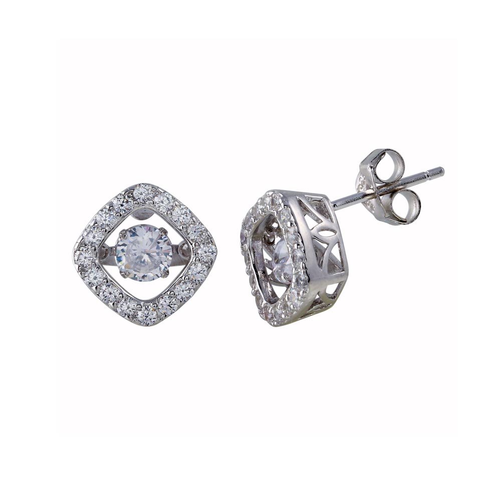 Sterling Silver Rhodium Plated Square Dancing CZ Stud Earrings