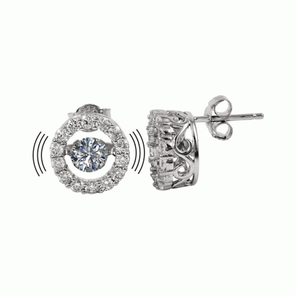 Sterling Silver Rhodium Plated Round Dancing CZ Stud Earrings