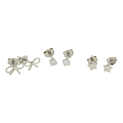 Sterling Silver Rhodium Plated Ribbon,Star And CZ Stud Earring Set