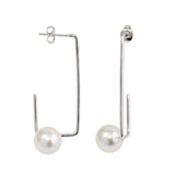 Sterling Silver Rhodium Plated Rectangular Dangling With Synthetic Pearl Earrings