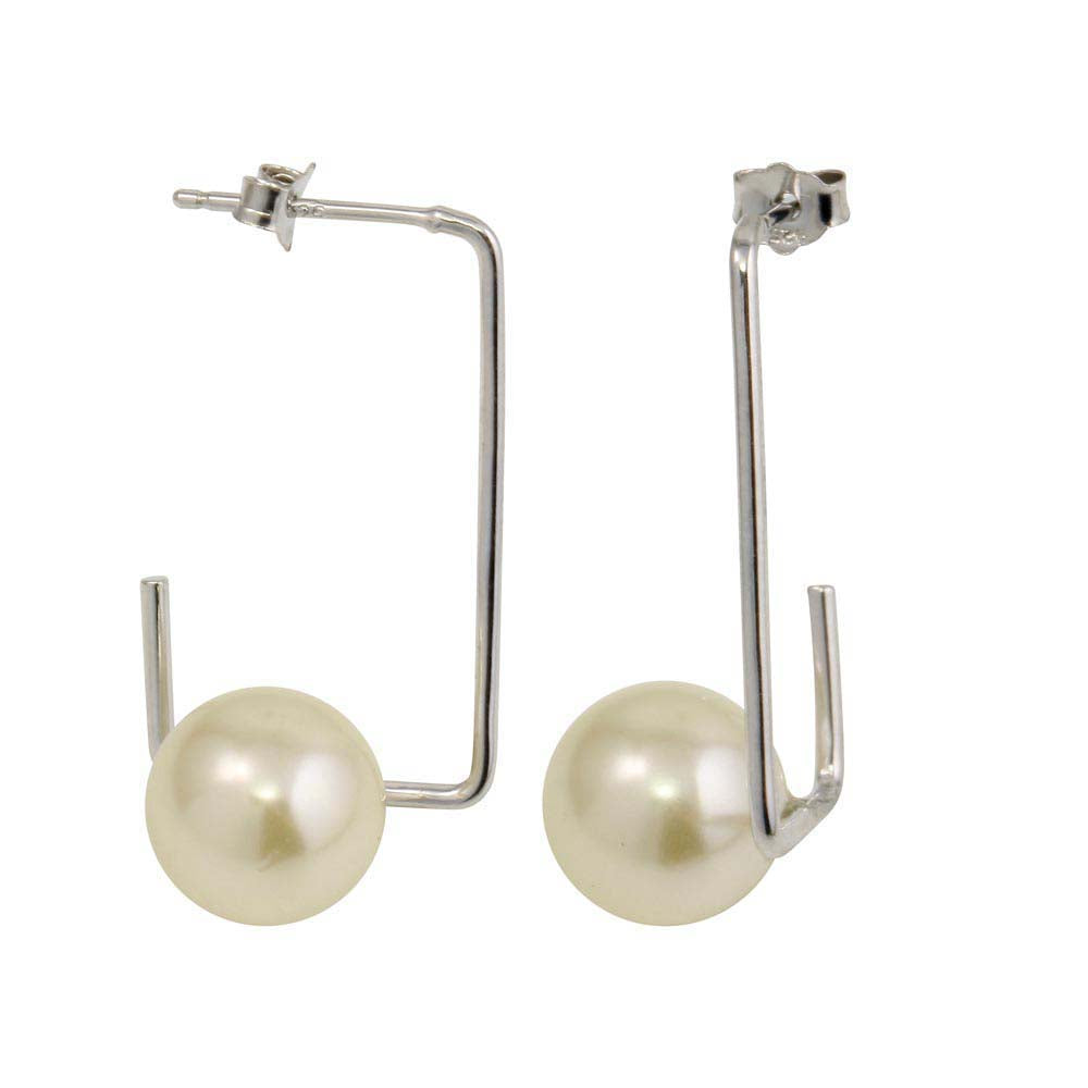 Sterling Silver Rhodium Plated Rectangular Dangling With Pearl Earrings