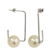 Load image into Gallery viewer, Sterling Silver Rhodium Plated Rectangular Dangling With Pearl Earrings
