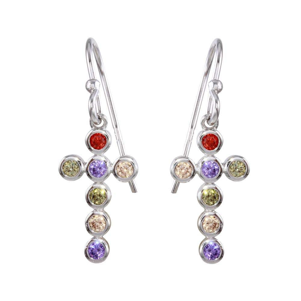 Sterling Silver Rhodium Plated Cross Earrings With Multi Colored CZ