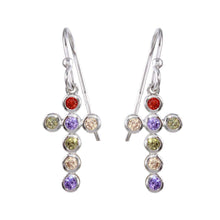 Load image into Gallery viewer, Sterling Silver Rhodium Plated Cross Earrings With Multi Colored CZ