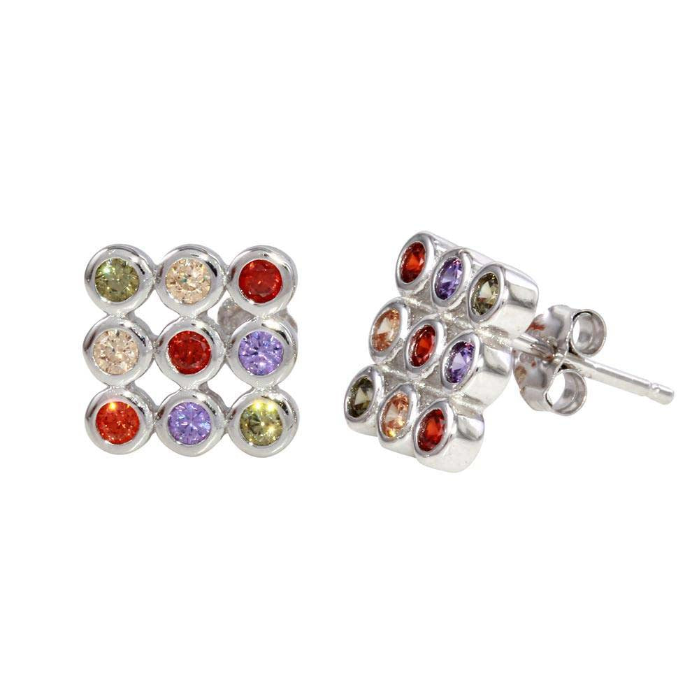 Sterling Silver Rhodium Plated Multi Colored CZ Square Stud Earrings