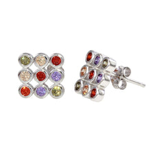 Load image into Gallery viewer, Sterling Silver Rhodium Plated Multi Colored CZ Square Stud Earrings