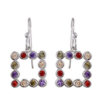 Load image into Gallery viewer, Sterling Silver Rhodium Plated Open Square Earrings With Multi Colored CZ