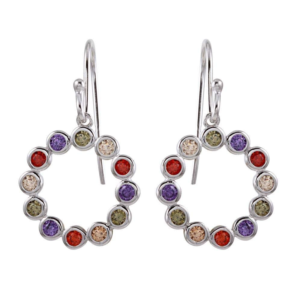 Sterling Silver Rhodium Plated Open Circle Earrings With Multi Colored CZ