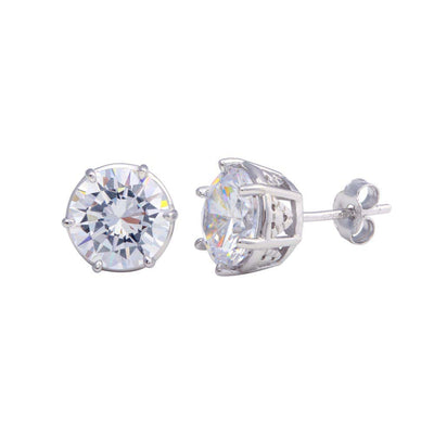 Sterling Silver Rhodium Plated Crown Setting CZ Stud Earrings