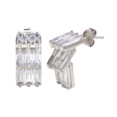 Sterling Silver Rhodium Plated Curved Hanging Earrings With CZ Stones