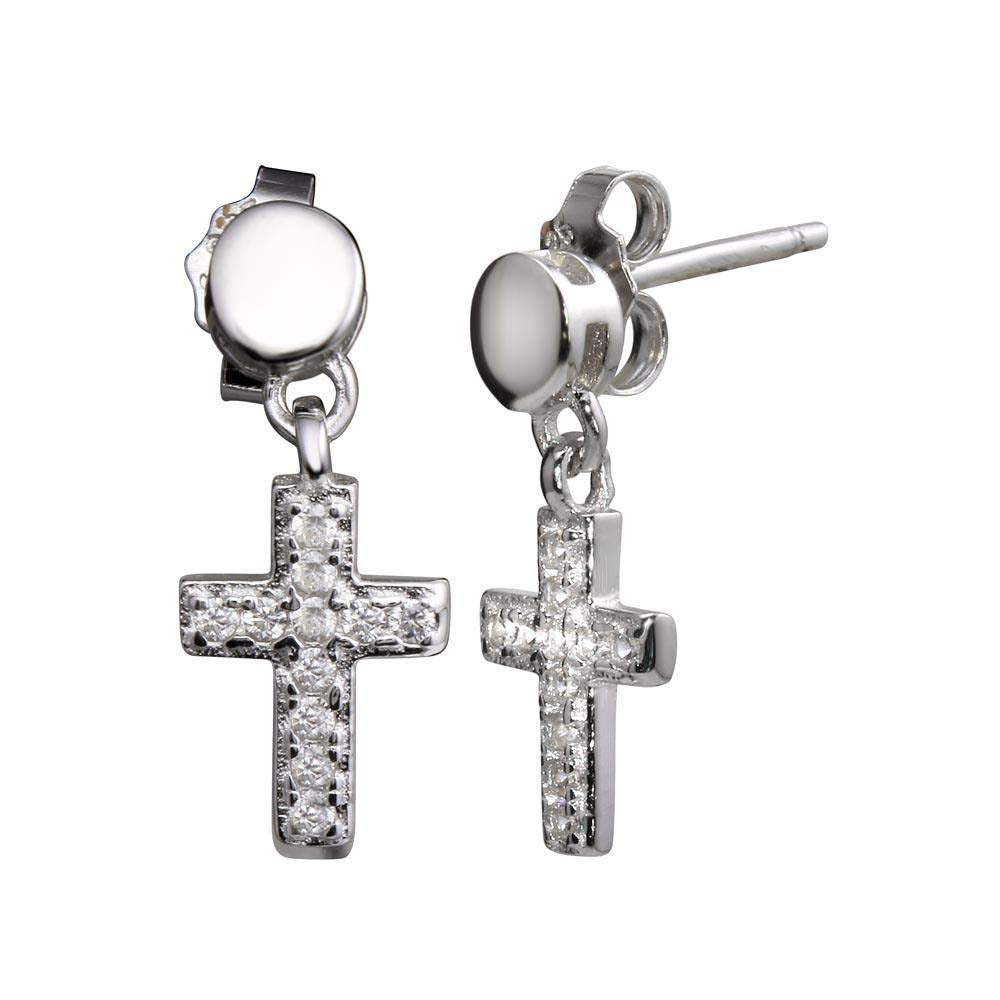 Sterling Silver Rhodium Plated Mini Dangling Cross Earrings With CZ Stones