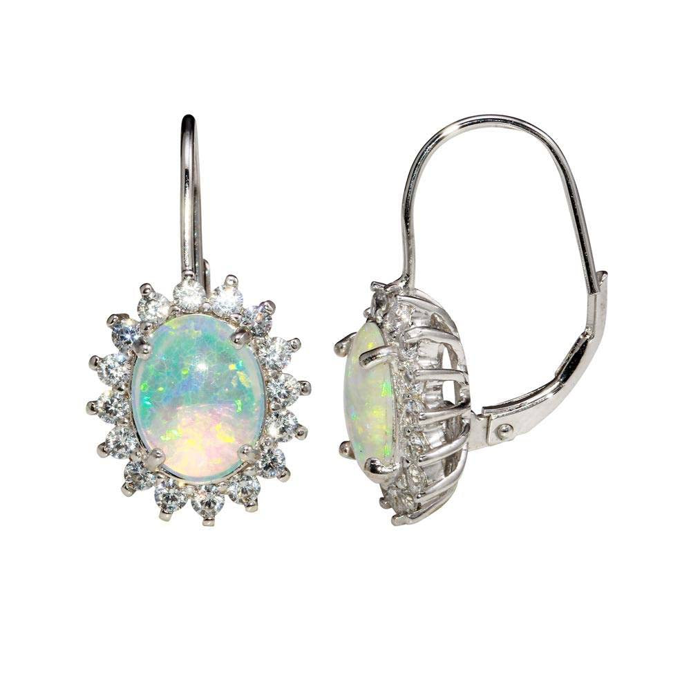 Sterling Silver Rhodium Plated Dangling Synthetic Opal Earrings With CZ Stones