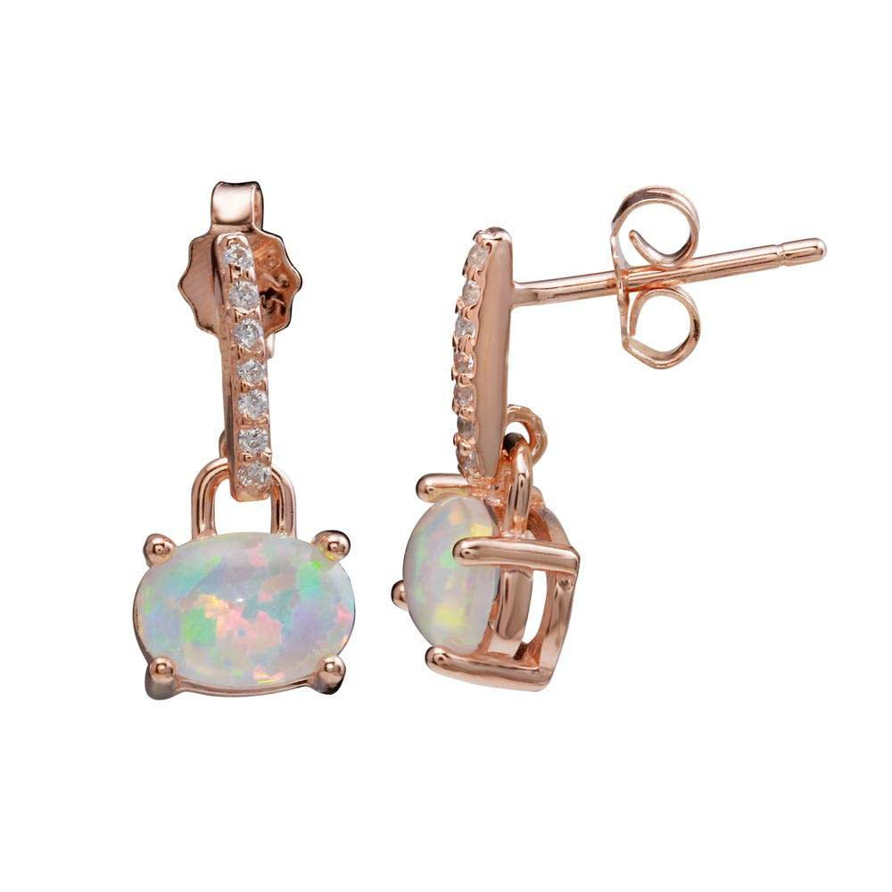 Sterling Silver Rose Gold Plated Mini Dangling Earrings With CZ And Synthetic Opal