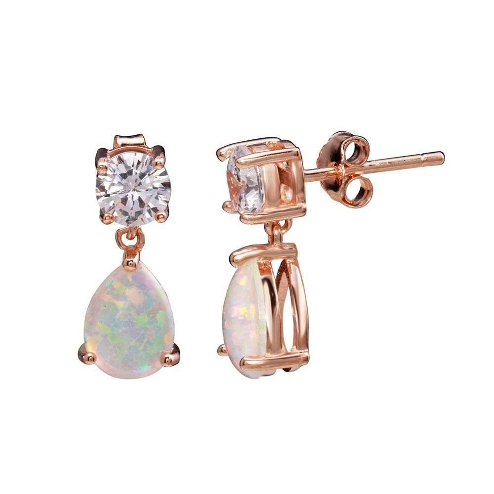 Sterling Silver Rose Gold Plated Mini Dangling Teardrop Earrings With CZ And Synthetic Opal