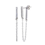 Sterling Silver Rhodium Plated CZ Bar Dangling Chain Earrings