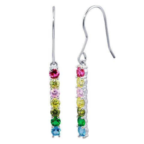 Sterling Silver Rhodium Plated Dangling Multi Color CZ Earrings