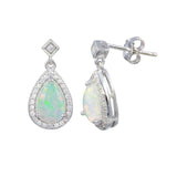 Sterling Silver Rhodium Plated Teardrop Synthetic Opal With CZ Earrings