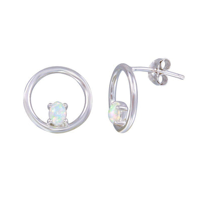 Sterling Silver Rhodium Plated Open Circle Synthetic Opal Earrings