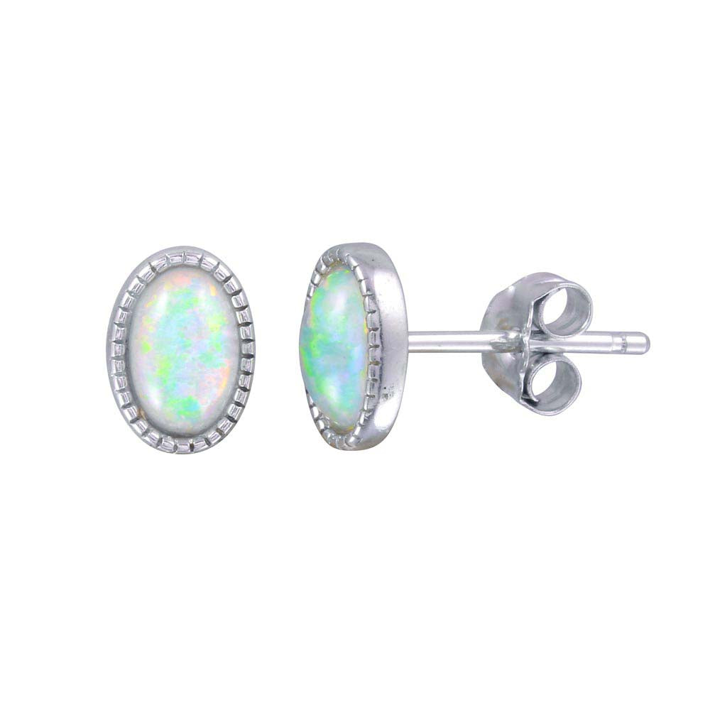 Sterling Silver Rhodium Plated Oval Syntheic Opal Stud Earrings