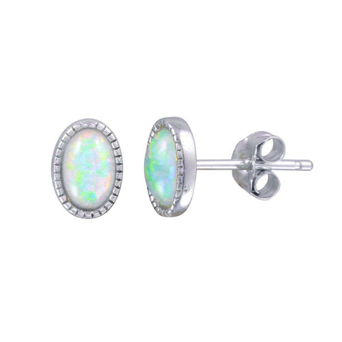 Sterling Silver Rhodium Plated Oval Syntheic Opal Stud Earrings