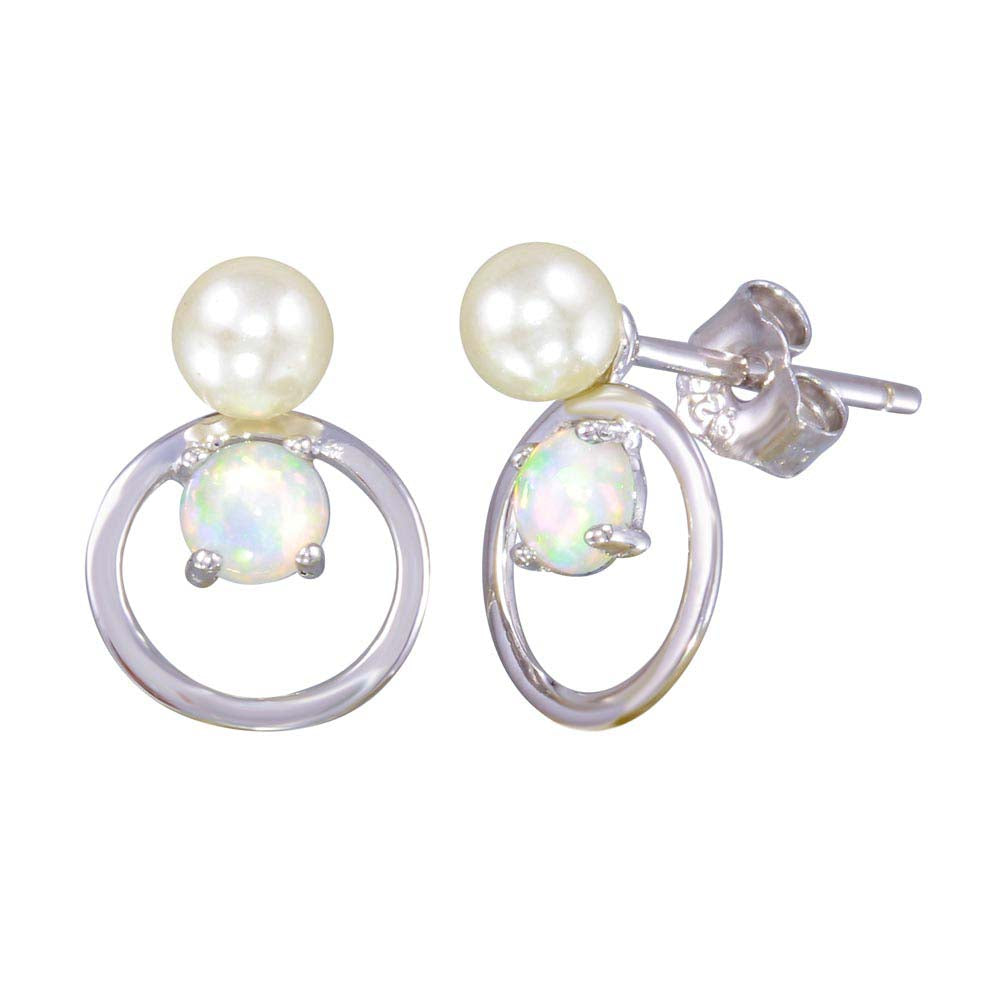 Sterling Silver Rhodium Plated Open Circle Stud Earrings With Synthetic Pearl And Opal