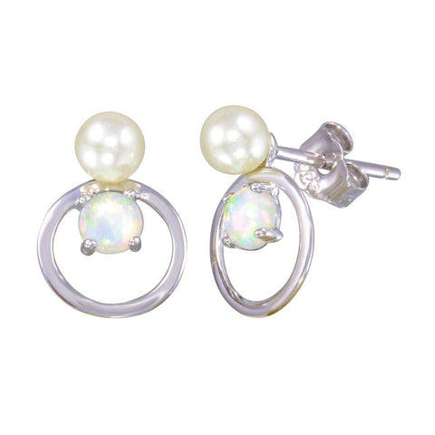 Sterling Silver Rhodium Plated Open Circle Stud Earrings With Synthetic Pearl And Opal