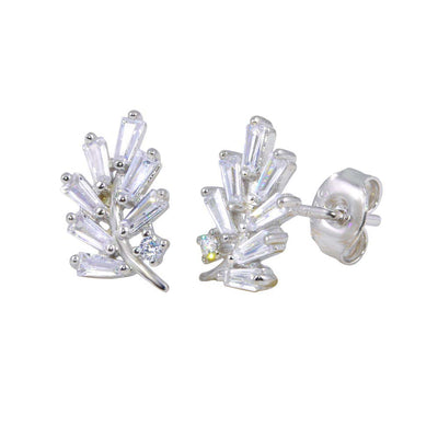 Sterling Silver Rhodium Plated Leaf Baguette CZ Earrings