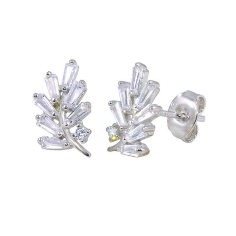 Sterling Silver Rhodium Plated Leaf Baguette CZ Earrings