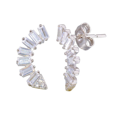 Sterling Silver Rhodium Plated Baguette CZ Dangling Crescent Earrings