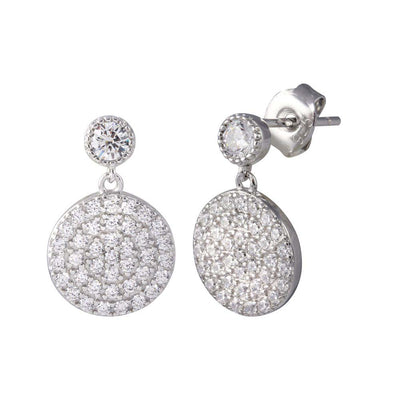 Sterling Silver Rhodium Plated Round CZ Dangling Earrings