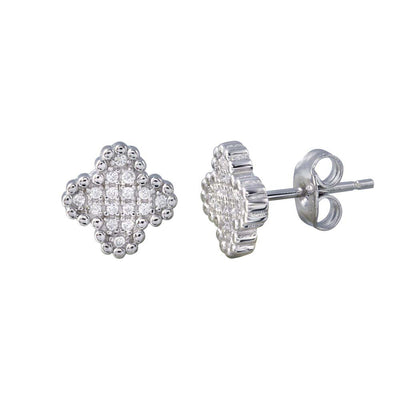 Sterling Silver Rhodium Plated Clover CZ Stud Earrings