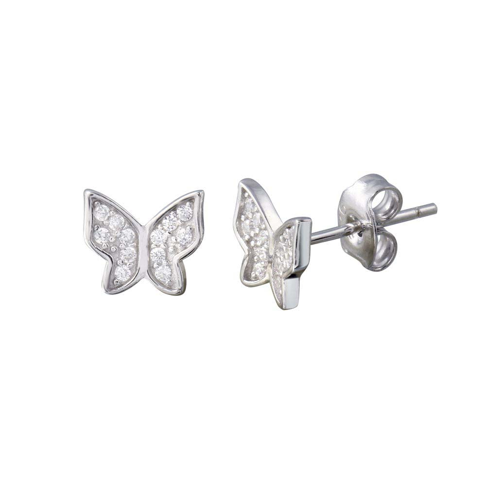 Sterling Silver Rhodium Plated Butterfly CZ Stud Earrings