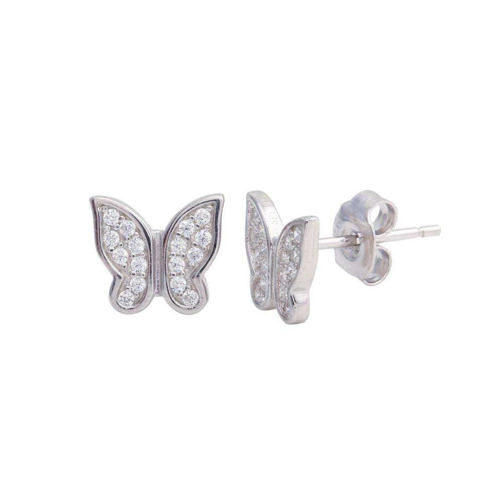 Sterling Silver Rhodium Plated Butterfly CZ Stud Earrings