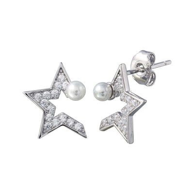 Sterling Silver Rhodium Plated CZ Half Star Pearl Stud Earrings