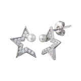 Sterling Silver Rhodium Plated CZ Half Star Pearl Stud Earrings
