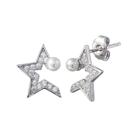 Sterling Silver Rhodium Plated CZ Half Star Pearl Stud Earrings